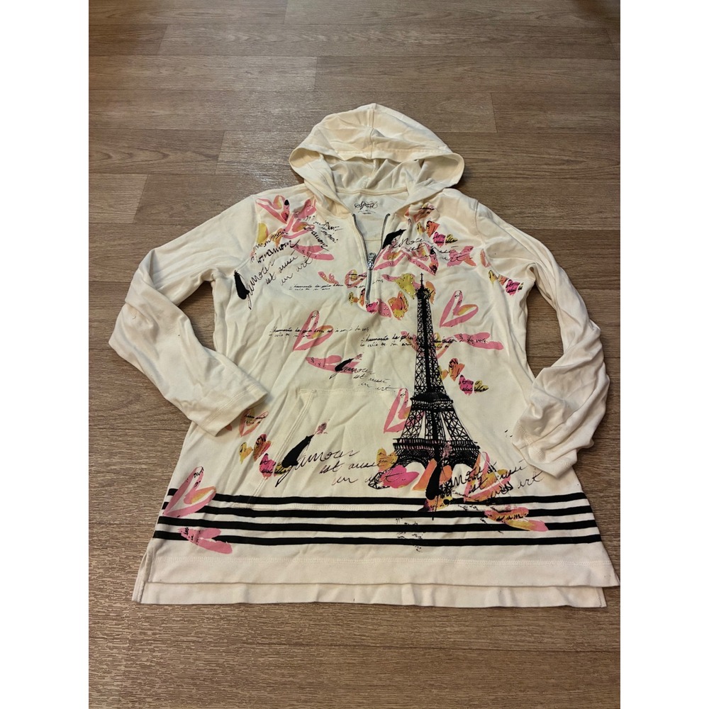 Style & Co Sport Womens XL Cream Eiffel Tower Paris Graphic Quarter Zip Hoodie